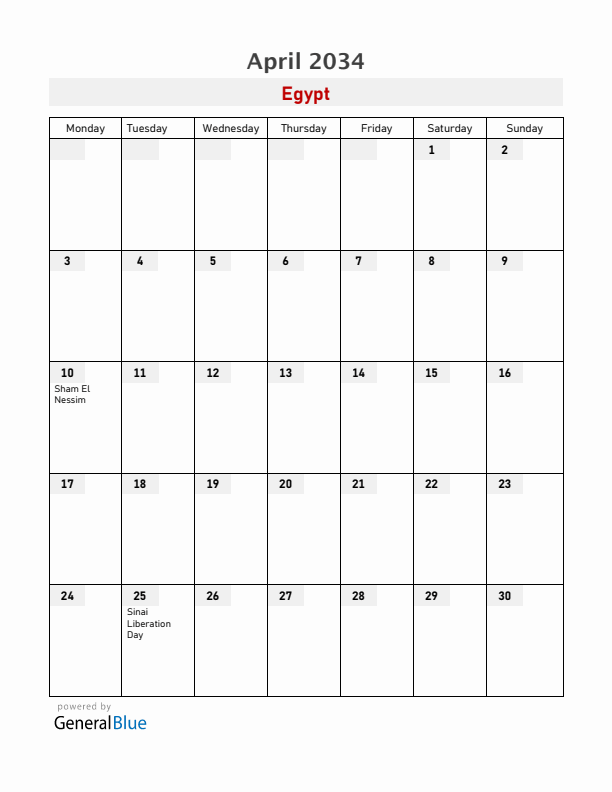 Egypt April 2034 Calendar with Holidays