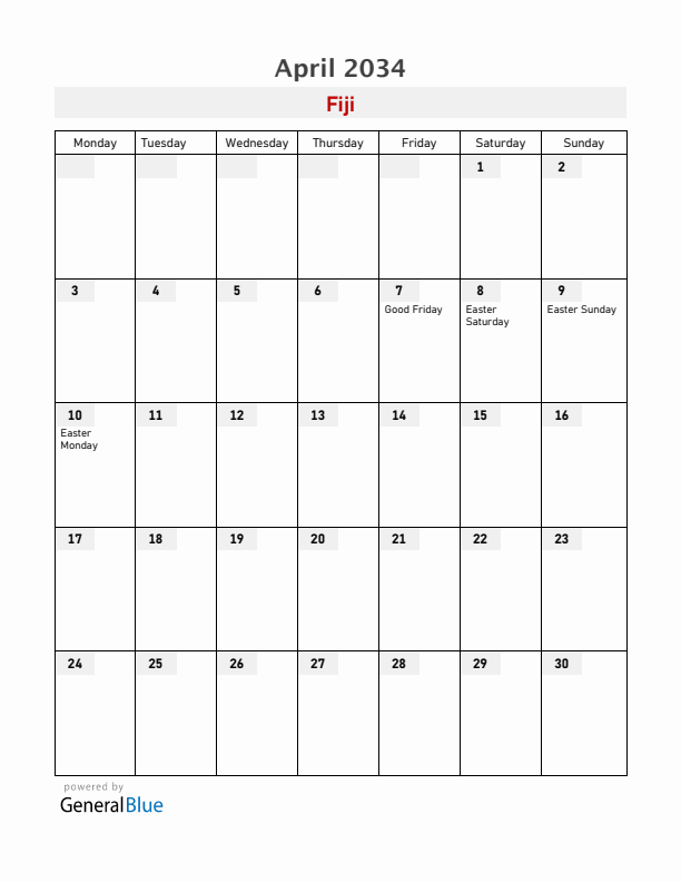Fiji April 2034 Calendar with Holidays