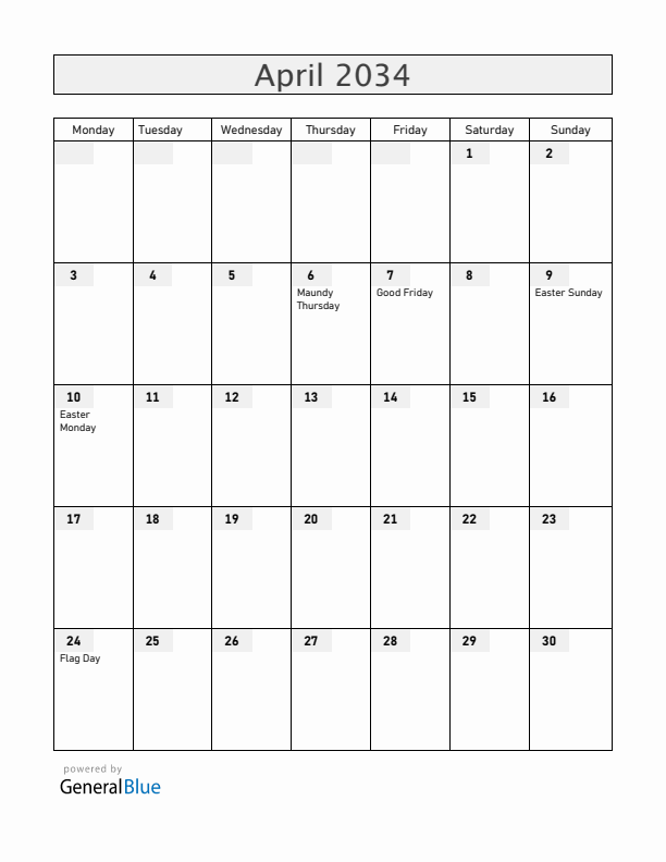 Faroe Islands April 2034 Calendar with Holidays