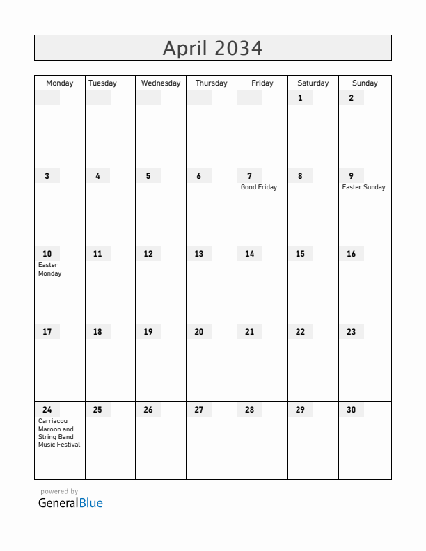 Grenada April 2034 Calendar with Holidays