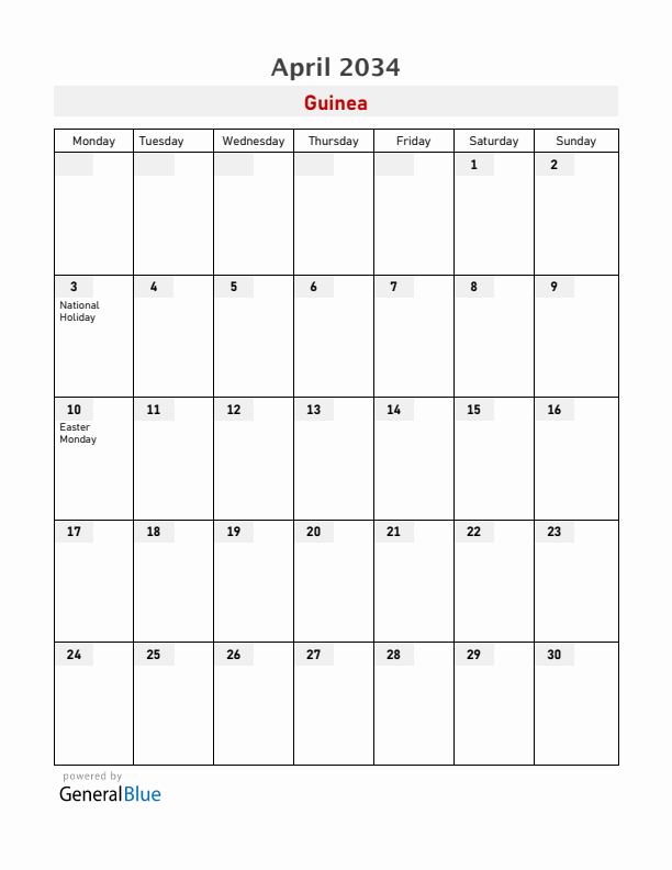 Guinea April 2034 Calendar with Holidays