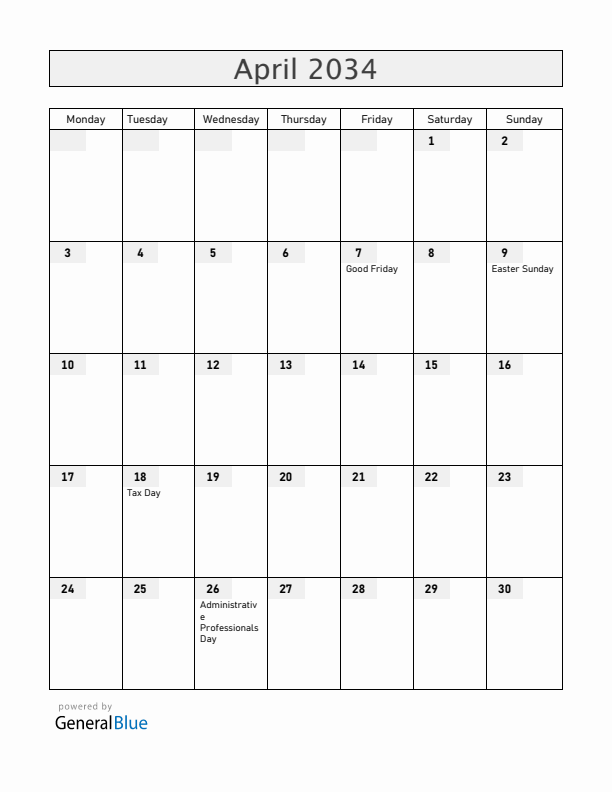 Guam April 2034 Calendar with Holidays