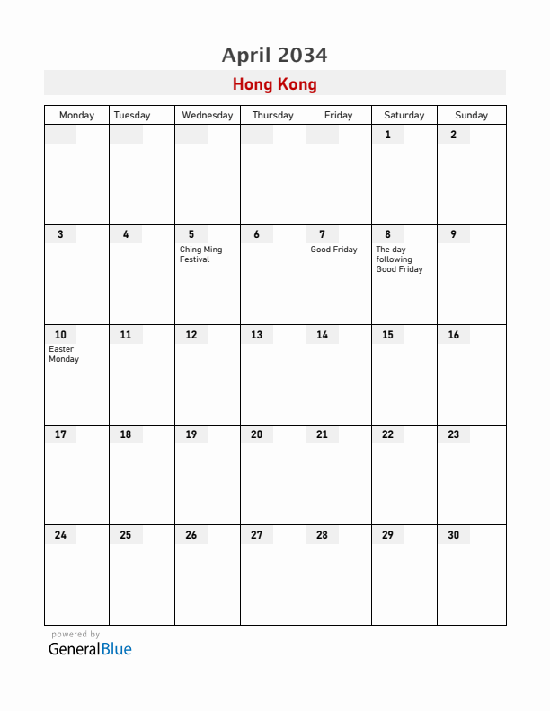 Hong Kong April 2034 Calendar with Holidays