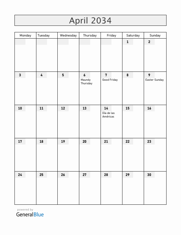 Honduras April 2034 Calendar with Holidays
