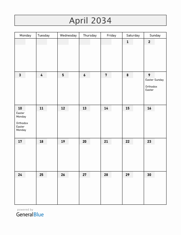 Croatia April 2034 Calendar with Holidays