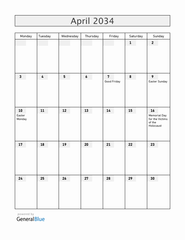 Hungary April 2034 Calendar with Holidays