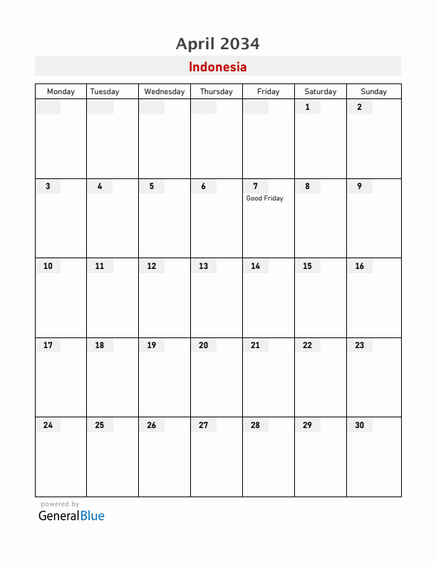 Indonesia April 2034 Calendar with Holidays