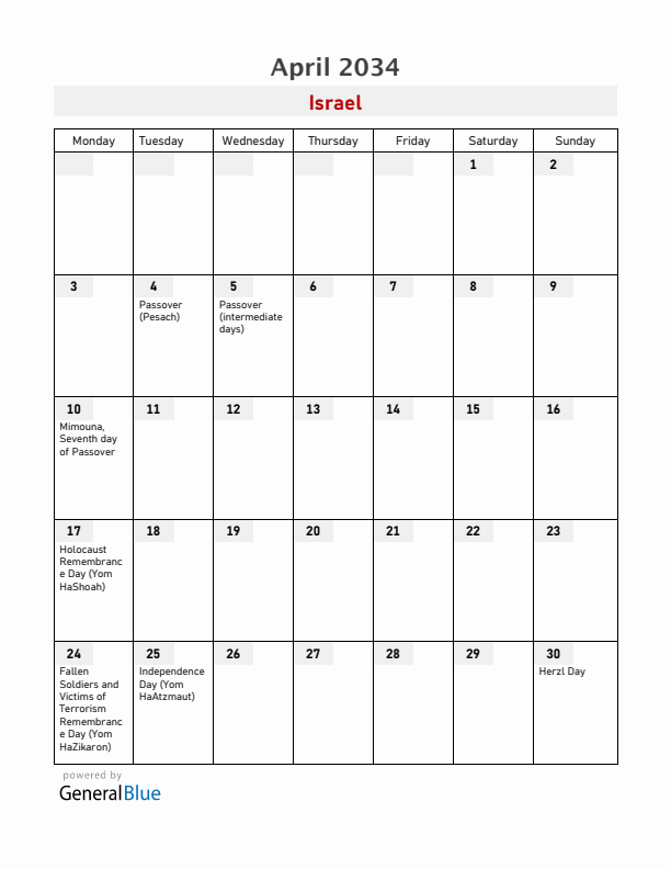 Israel April 2034 Calendar with Holidays