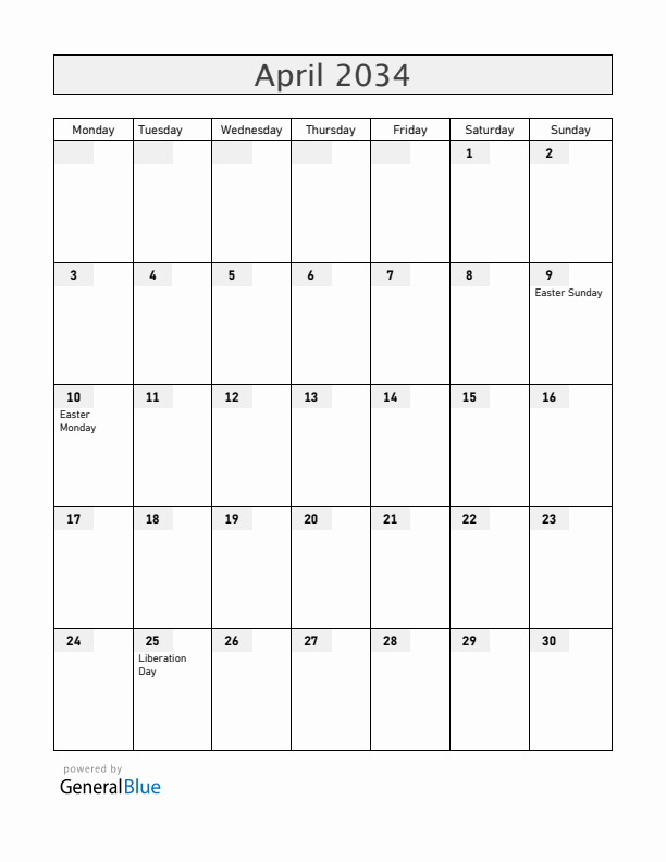Italy April 2034 Calendar with Holidays