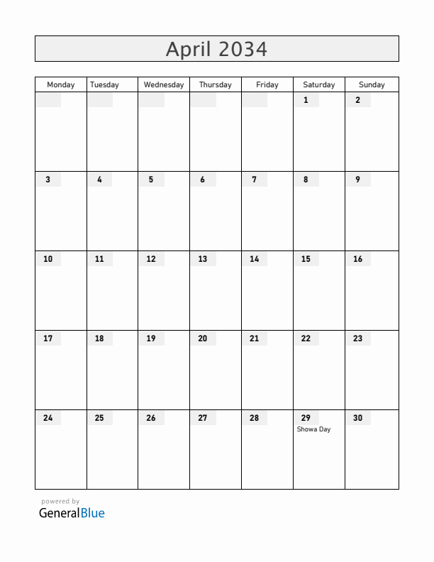 Japan April 2034 Calendar with Holidays