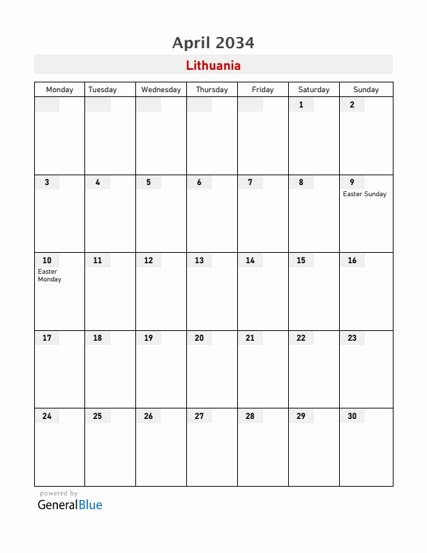 Lithuania April 2034 Calendar with Holidays