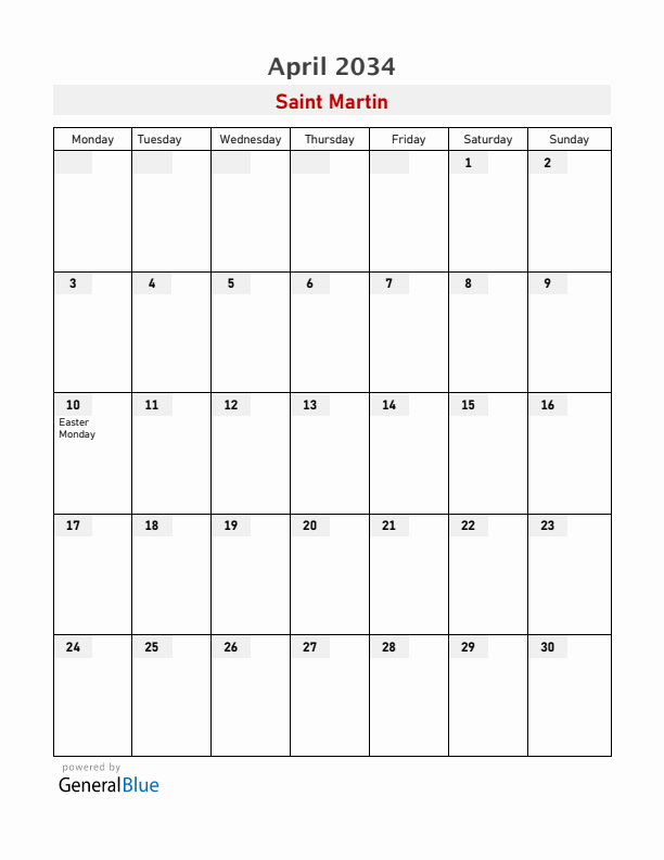 Saint Martin April 2034 Calendar with Holidays