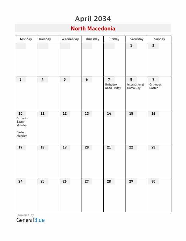 North Macedonia April 2034 Calendar with Holidays
