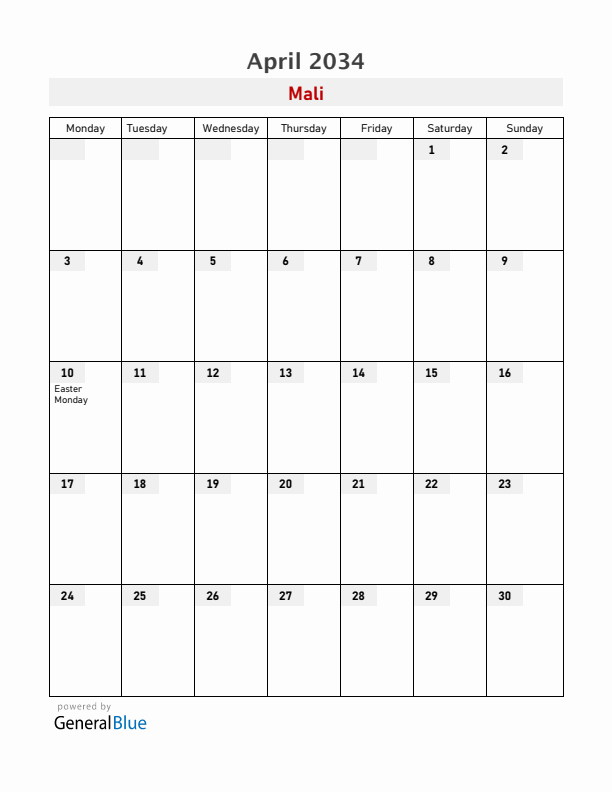 Mali April 2034 Calendar with Holidays