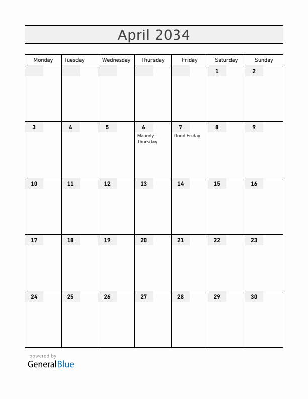 Mexico April 2034 Calendar with Holidays