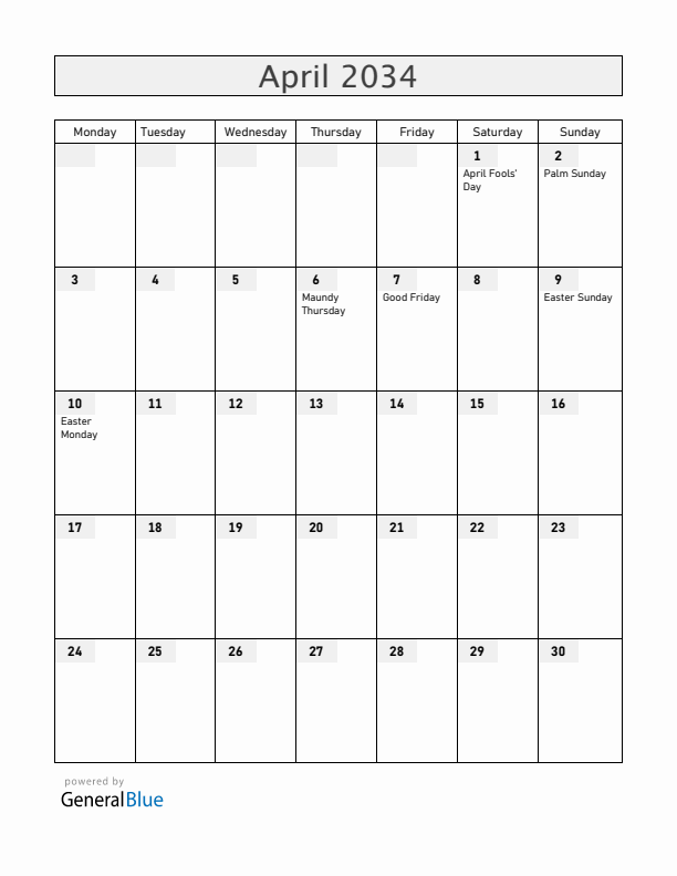 Norway April 2034 Calendar with Holidays