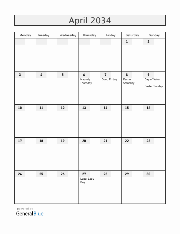 Philippines April 2034 Calendar with Holidays