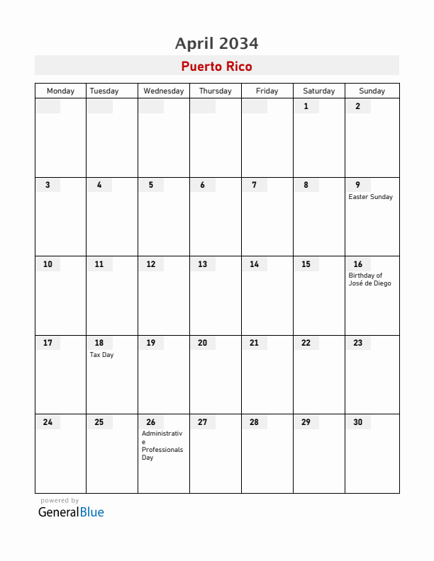 Puerto Rico April 2034 Calendar with Holidays
