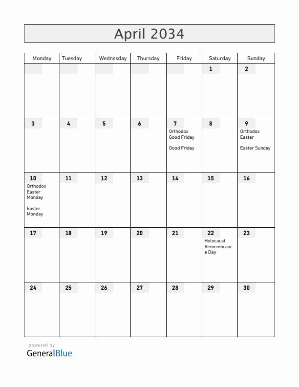 Serbia April 2034 Calendar with Holidays