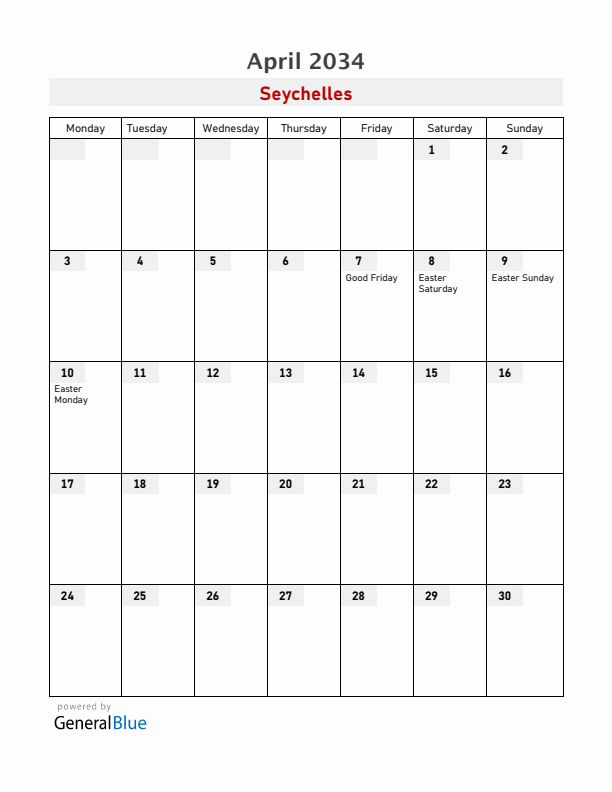 Seychelles April 2034 Calendar with Holidays