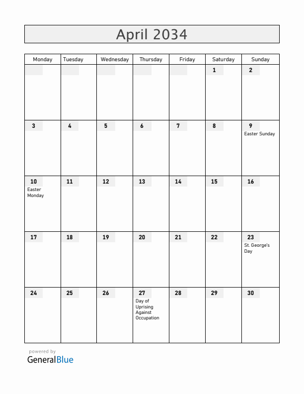 Slovenia April 2034 Calendar with Holidays