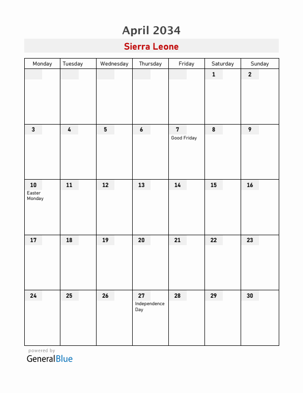 Sierra Leone April 2034 Calendar with Holidays