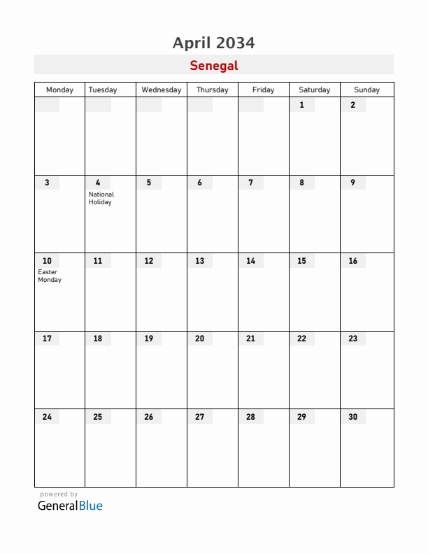 Senegal April 2034 Calendar with Holidays