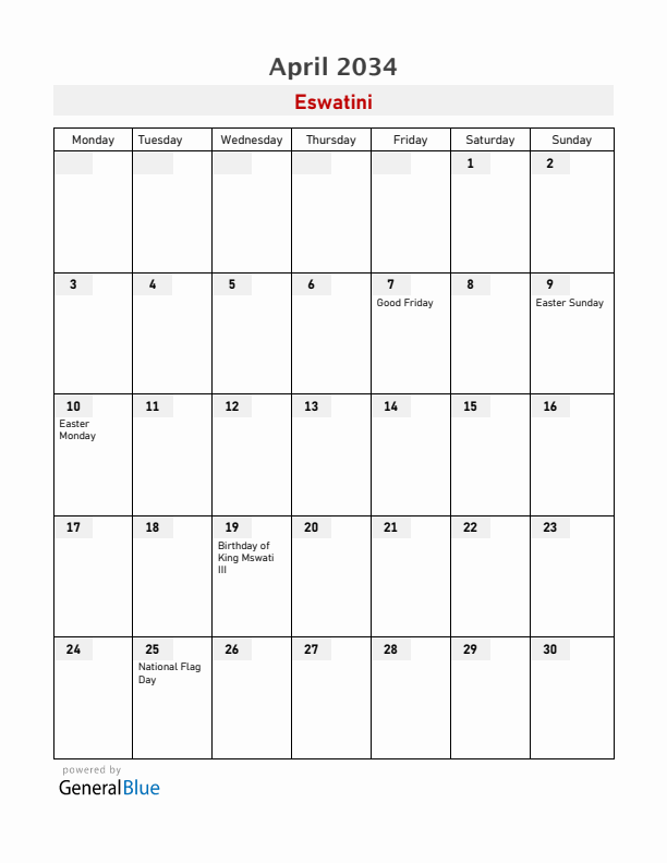 Eswatini April 2034 Calendar with Holidays