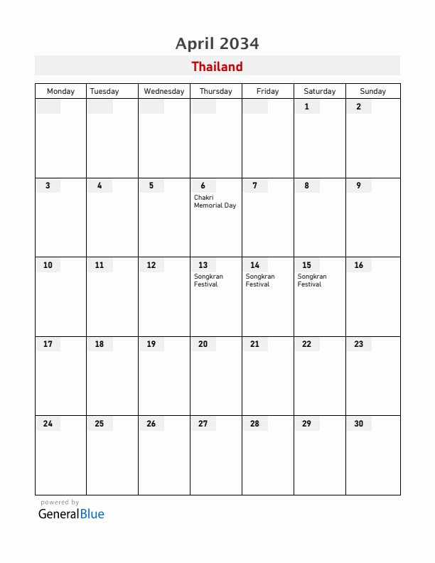 Thailand April 2034 Calendar with Holidays