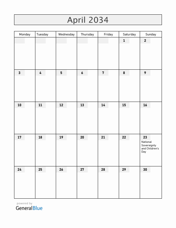 Turkey April 2034 Calendar with Holidays
