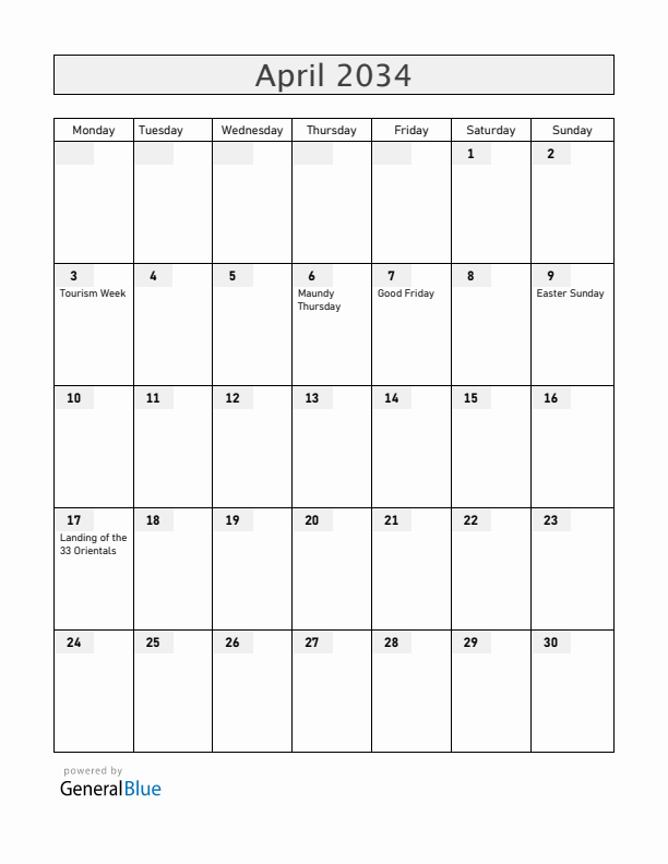 Uruguay April 2034 Calendar with Holidays
