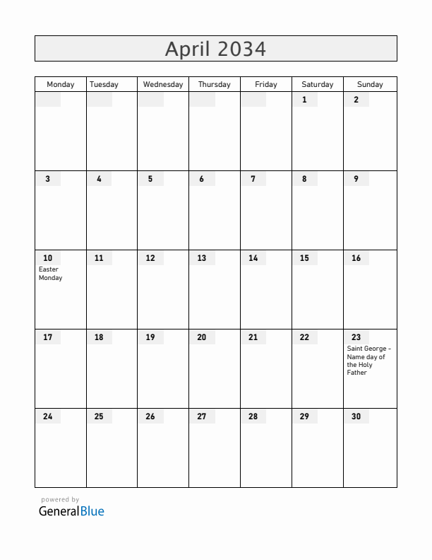 Vatican April 2034 Calendar with Holidays