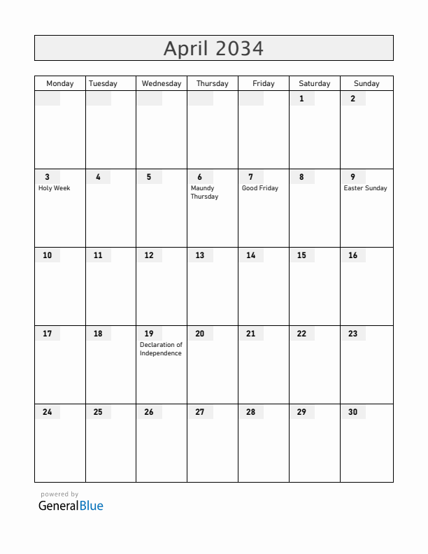 Venezuela April 2034 Calendar with Holidays