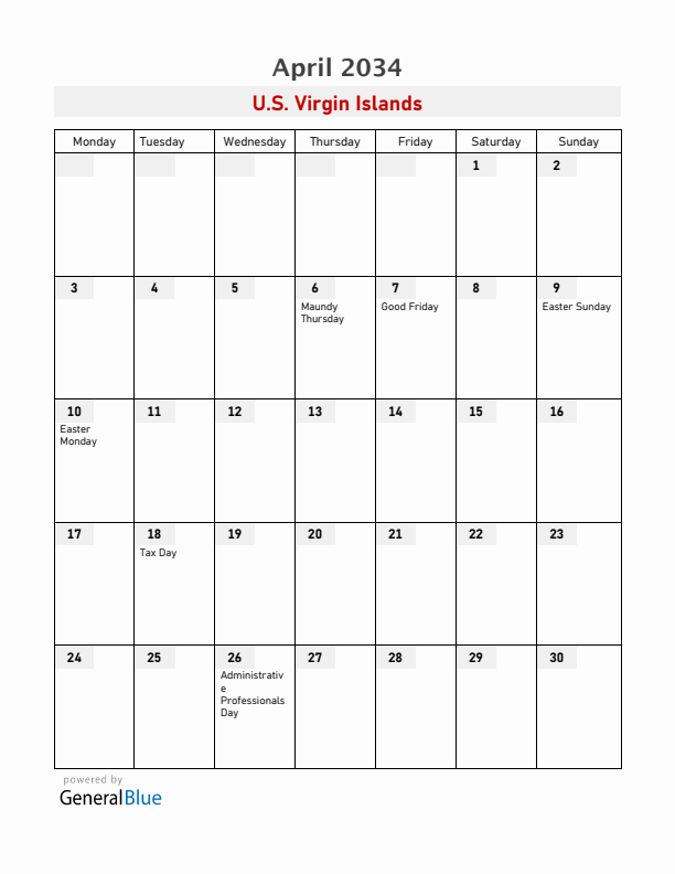 U.S. Virgin Islands April 2034 Calendar with Holidays