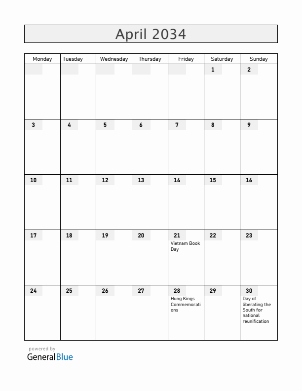 Vietnam April 2034 Calendar with Holidays