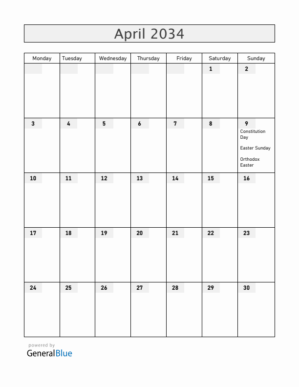 Kosovo April 2034 Calendar with Holidays