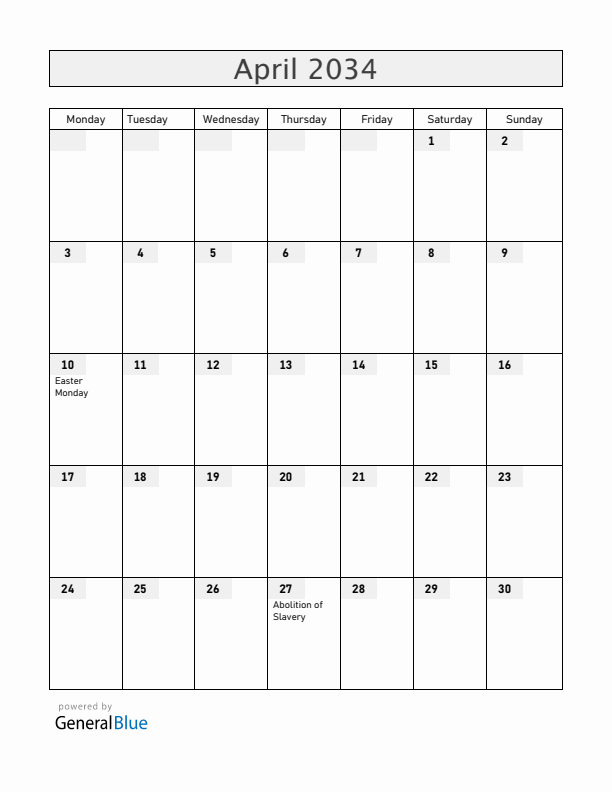 Mayotte April 2034 Calendar with Holidays