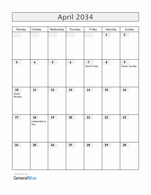 Zimbabwe April 2034 Calendar with Holidays