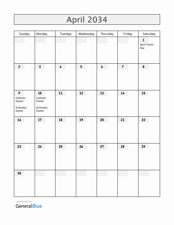Albania April 2034 Calendar with Holidays