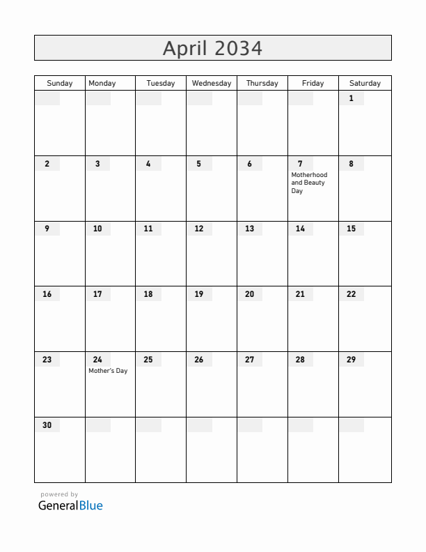 Armenia April 2034 Calendar with Holidays