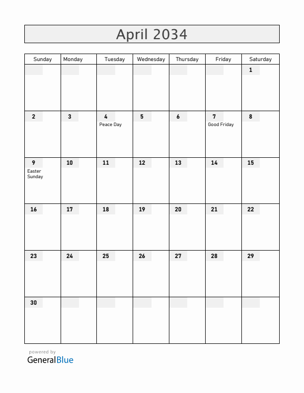 Angola April 2034 Calendar with Holidays