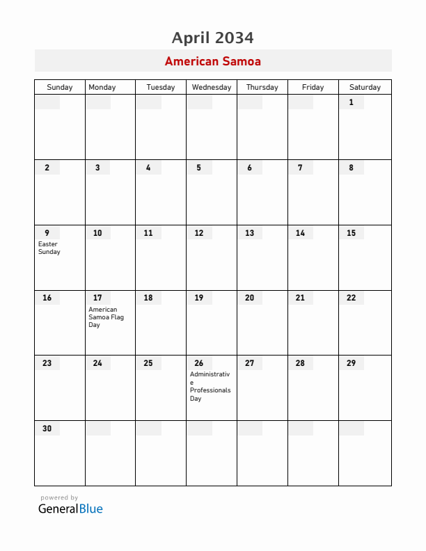 American Samoa April 2034 Calendar with Holidays