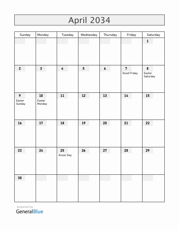 Australia April 2034 Calendar with Holidays