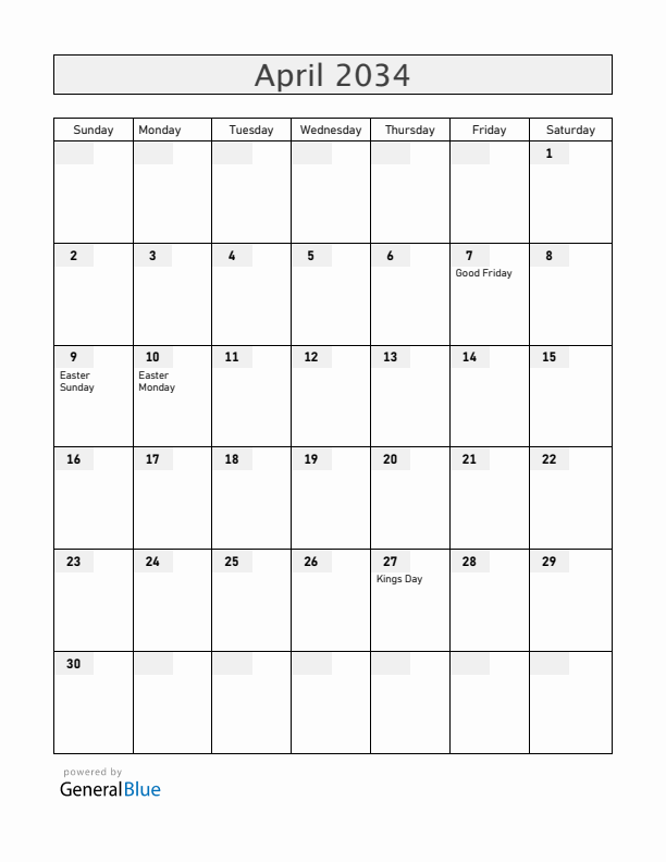 Aruba April 2034 Calendar with Holidays