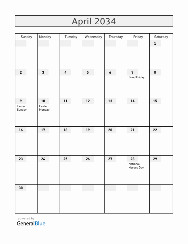 Barbados April 2034 Calendar with Holidays