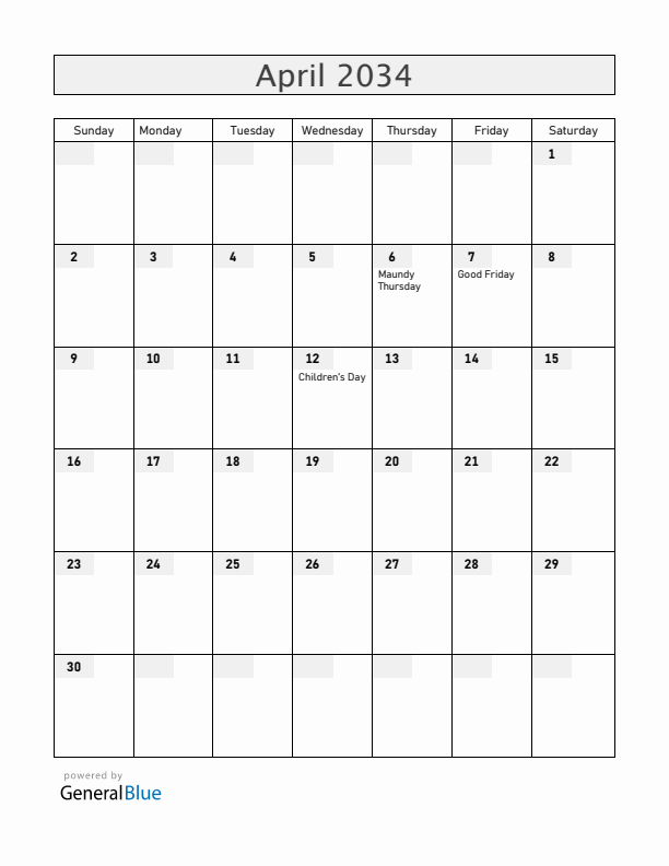 Bolivia April 2034 Calendar with Holidays