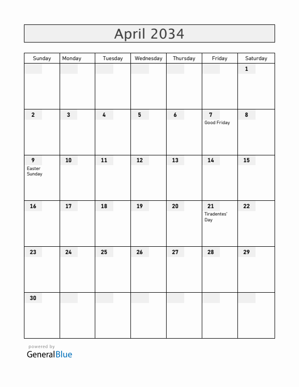Brazil April 2034 Calendar with Holidays