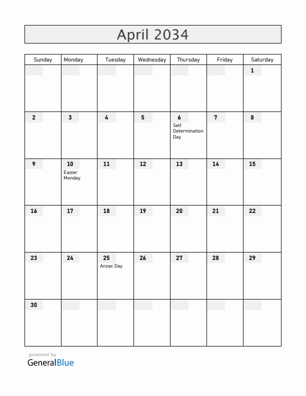 Cocos Islands April 2034 Calendar with Holidays