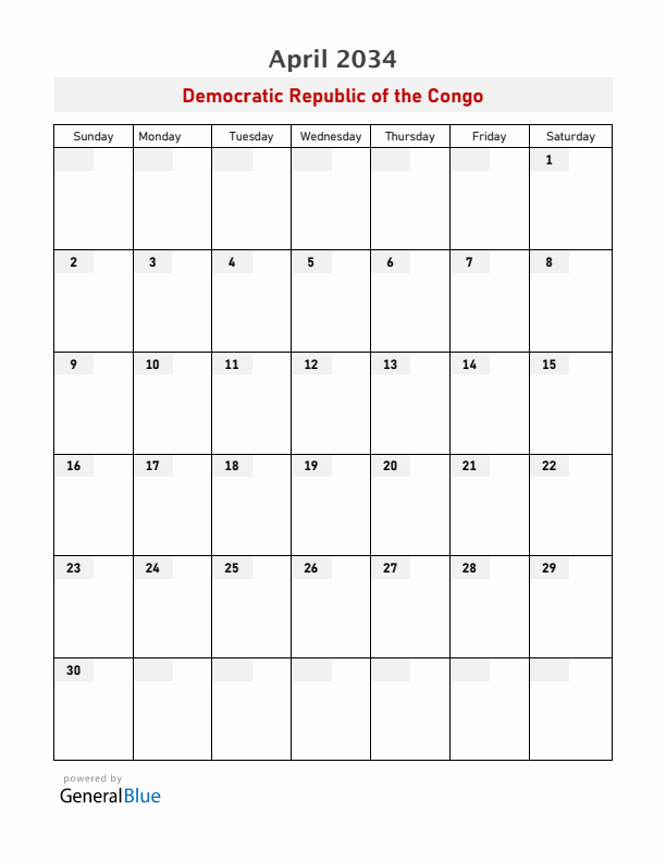 Democratic Republic of the Congo April 2034 Calendar with Holidays