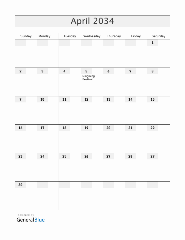 China April 2034 Calendar with Holidays